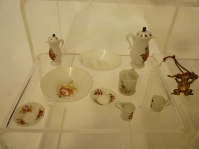 A collection of dolls house equipment comprising glass, pottery and metal table ware and other - Image 2 of 3