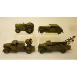 A Minic Army Set, clockwork, comprising search light truck, 5 1/4" long, tractor 3 1/2" long,