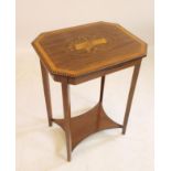 AN EDWARDIAN MAHOGANY AND SATINWOOD BANDED OCCASIONAL TABLE of canted oblong form, the parquetry