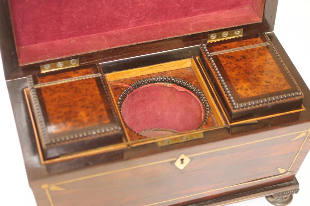 A REGENCY ROSEWOOD TEA CHEST of sarcophagus form with brass stringing and reel edging, hinged lid - Bild 3 aus 3