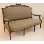 A LOUIS XV STYLE WALNUT FRAMED CANAPE, 19th century, upholstered in a taupe coloured weave,