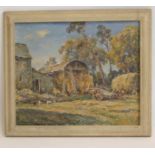 OWEN BOWEN R.O.I. P.R.Cam A. (1873-1967), Farmyard Scene with Figure and Chickens, oil on canvas,
