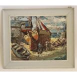 RODNEY HELLYER HODGE F.R.S.A. (1906-1963), Harbour Scene with Beached Boats, oil on board, signed