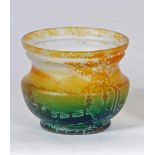 A FRENCH PATE DE VERRE GLASS VASE, c.1920's, of squat baluster form, inset in yellows and greens