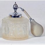 A LALIQUE FROSTED CLEAR GLASS PERFUME ATOMISER, mid 20th century, of cylindrical form moulded with