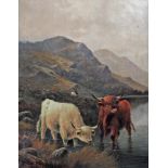 O HINDMARCH (19th/20th Century), Highland Scene with Cattle Watering, oil on canvas, signed, 36" x