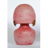 A DAUM PINK MOTTLED GLASS ELECTRIC TABLE LAMP, c.1930's, the high domed shade with flat top