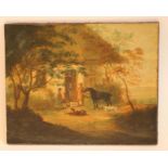 ENGLISH NAIVE SCHOOL (19th Century), Figures, Pony and Dogs at a Cottage Door, oil on canvas,