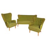 AN ERNEST RACE 1950'S DESIGN THREE PIECE LOUNGE SUITE, beech framed and upholstered in a pea green