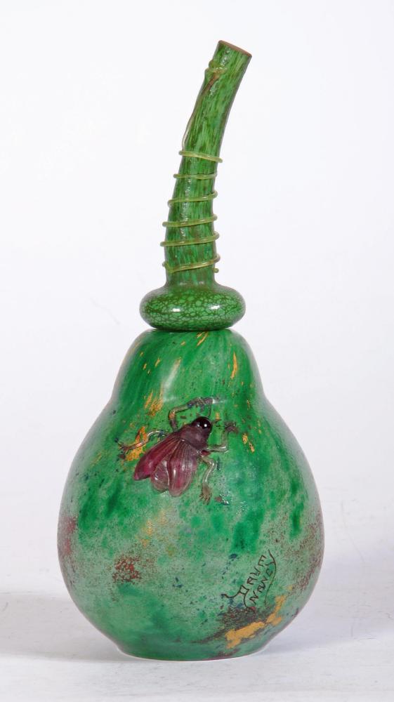 A DAUM MARQUETERIE-DE-VERRE GLASS SCENT BOTTLE AND STOPPER, c.1900, of gourd form, the stalk stopper