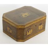 A GEORGIAN MAHOGANY WORKBOX, c.1800, of canted oblong form, strung in stained and coloured woods and