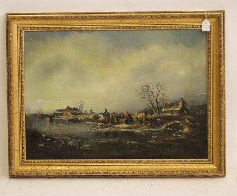 J VAN DER STOK (Dutch 1794-1864), Frozen River with Figures and a Pony, oil on canvas, 20" x 28 1/ - Image 2 of 8
