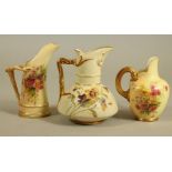 THREE ROYAL WORCESTER CHINA JUGS, early 20th century, comprising a tusk jug, 1906, shape 1116, 6"