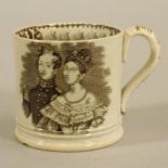A PEARLWARE MUG, 1840, of plain cylindrical form, commemorating the marriage of Queen Victoria and