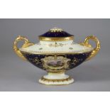 A COALPORT CHINA URN AND COVER, c.1920's, of oval form with flat shoulders, two acanthus leaf