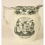 A PEARLWARE JUG, mid 19th century, of baluster form printed in underglaze black with "The Farmers'