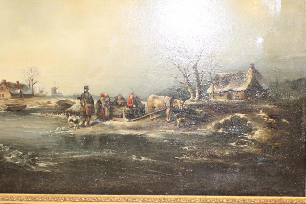 J VAN DER STOK (Dutch 1794-1864), Frozen River with Figures and a Pony, oil on canvas, 20" x 28 1/ - Image 4 of 8