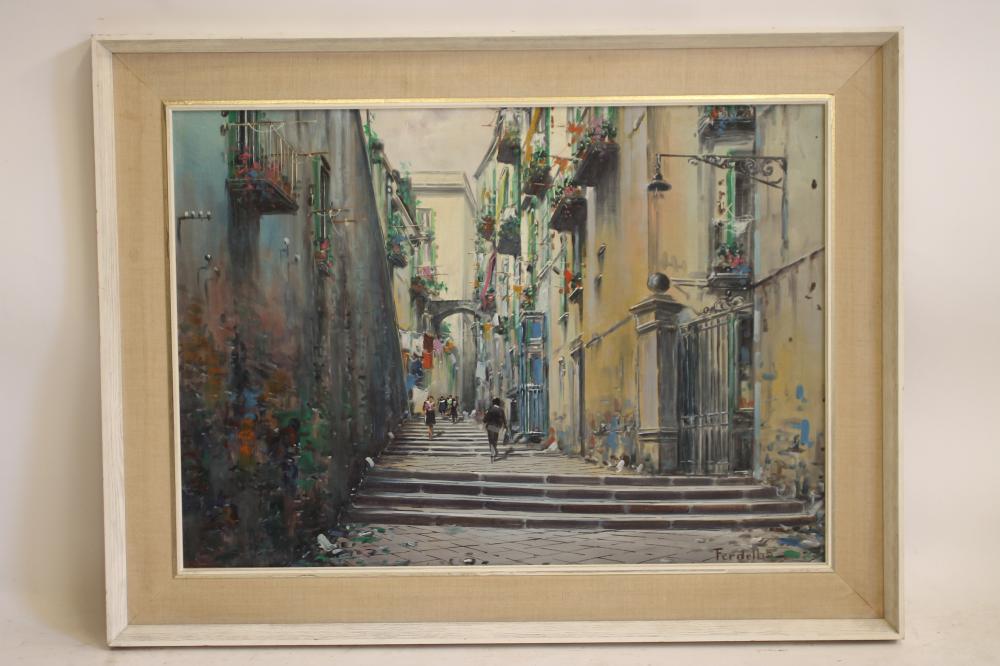 MARIO FERDELBA (Italian 20th Century), Naples Street Scene, oil on canvas, signed, 20 1/2" x 28", - Image 2 of 8