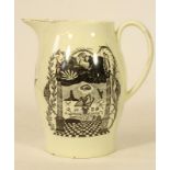 A LIVERPOOL CREAMWARE JUG, c.1790, of bombe cylindrical form, printed in black with a Masonic verse,