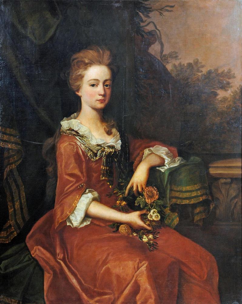 ENGLISH SCHOOL (18th -19th Century), Portrait of a Lady, Seated on a Terrace and Holding Flowers, - Image 2 of 2