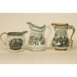 THREE VICTORIAN BLACK PRINTED EARTHENWARE COMMEMORATIVE JUGS comprising an S. Alcock "Royal