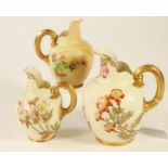 A COLLECTION OF THREE ROYAL WORCESTER CHINA JUGS, various dates, of ovoid form with high lips and