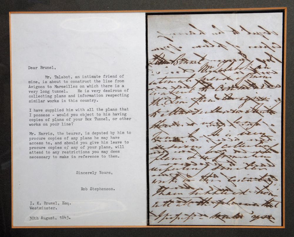 ROBERT STEPHENSON AUTOGRAPH LETTER, 1843, TO ISAMBARD KINGDOM BRUNEL requesting the use of Brunel'