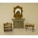 Three items of dolls house furniture comprising an Austrian gilt metal and enamelled side table, a