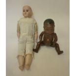 An Armand Marseille bisque shoulder head doll with brown glass sleeping eyes, open mouth and