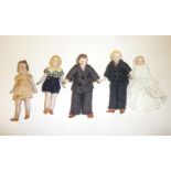 Four bisque dolls house dolls, two boys and two girls with swivel joints, 2 3/4" - 3 1/4" high,