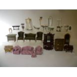 A collection of dolls house furniture comprising Hearth & Home five piece bathroom suite, a