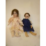 An  Armand Marseille bisque head doll with blue glass sleeping eyes, open mouth and teeth, brown