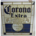 A stained and etched glass advertisement panel for Corona Extra Mexican beer, 17 1/2" x 16"