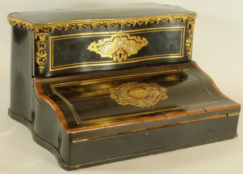 A FRENCH EBONY AND BOULLE WORK CORRESPONDENCE BOX, mid 19th century, of oblong form with