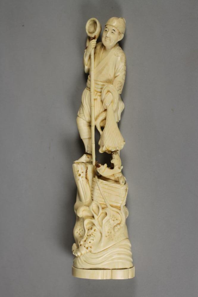 A JAPANESE ONE PIECE IVORY OKIMONO, Meiji period, of a fisherman holding a long net/spear in his