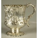 A WILLIAM IV SILVER LOW PEDESTAL MUG, maker Joseph Angell, London 1830, of waisted cylindrical form,