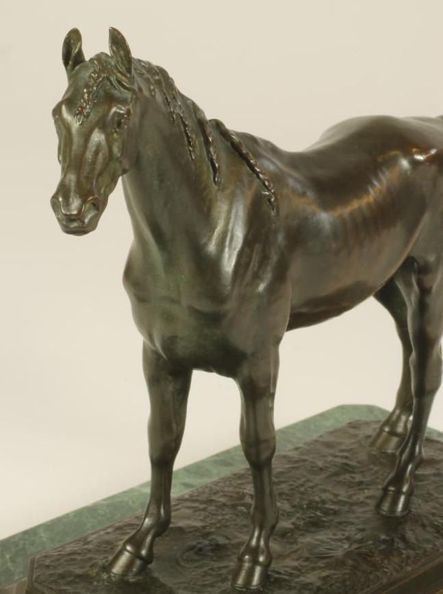 R WINDER, a bronze model of a standing horse, signed, raised on a moulded canted oblong base and - Image 2 of 3