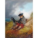 JOHN BARKER (1811-1886), Highland Boy Sitting and Whittling a Stick, Deerhound at his Side, oil on