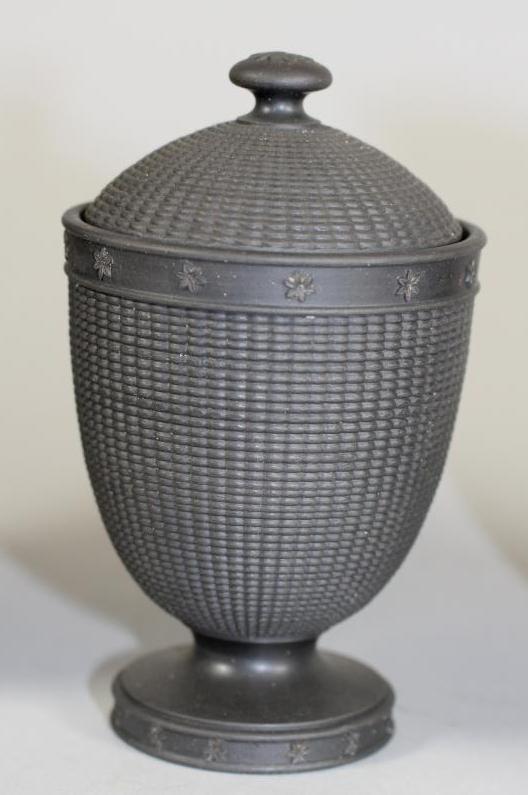 A WEDGWOOD BLACK BASALT CACHE-POT, early 20th century, of flared cylindrical form with engine turned - Image 3 of 3