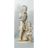 A JAPANESE SECTIONAL IVORY OKIMONO, Meiji period, of a fisherman wearing stained and engraved robes,