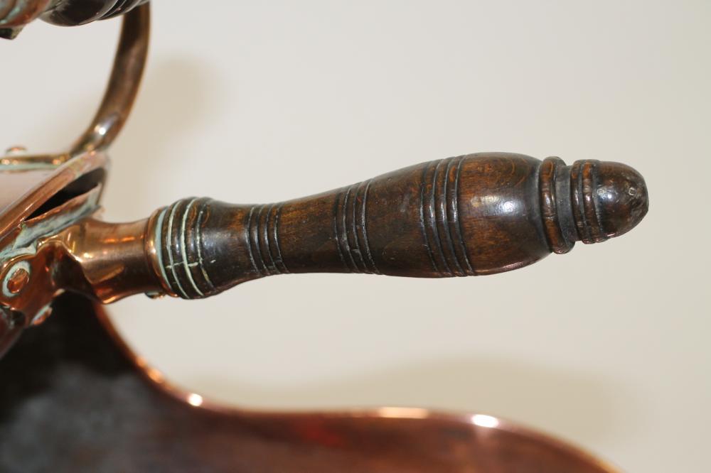 A VICTORIAN COPPER COAL SCUTTLE of helmet form, the loop handles with turned ebonised grips, on - Image 2 of 6