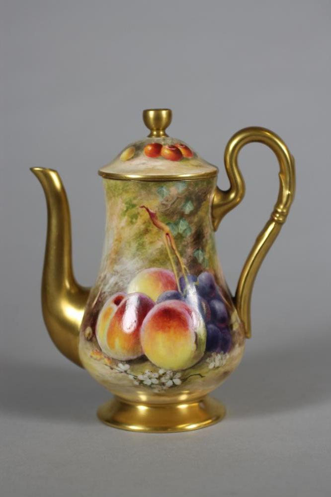 A ROYAL WORCESTER CHINA COFFEE POT AND COVER, 1919, of baluster form with high loop handle,