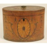 A GEORGE III MAHOGANY TEA CADDY, 18th century, of oval form crossbanded with stringing, the hinged