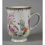 A CHINESE PORCELAIN LARGE MUG, 18th century, of baluster form with plain loop handle, painted in