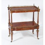 A VICTORIAN ROSEWOOD, AMBOYNA AND GILT METAL MOUNTED ETAGERE of two tier mildly bowed oblong form,