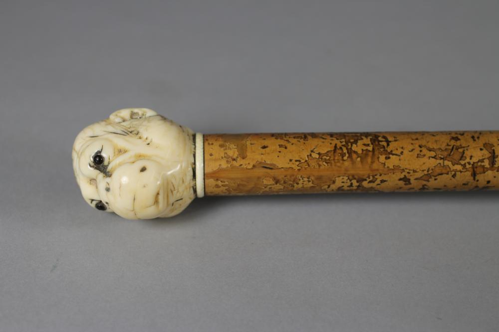 A VICTORIAN WALKING STICK, the malacca shaft with copper tip, carved ivory grip as a monkey head