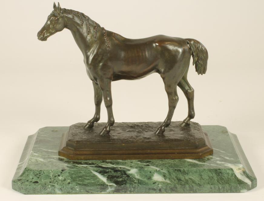 R WINDER, a bronze model of a standing horse, signed, raised on a moulded canted oblong base and