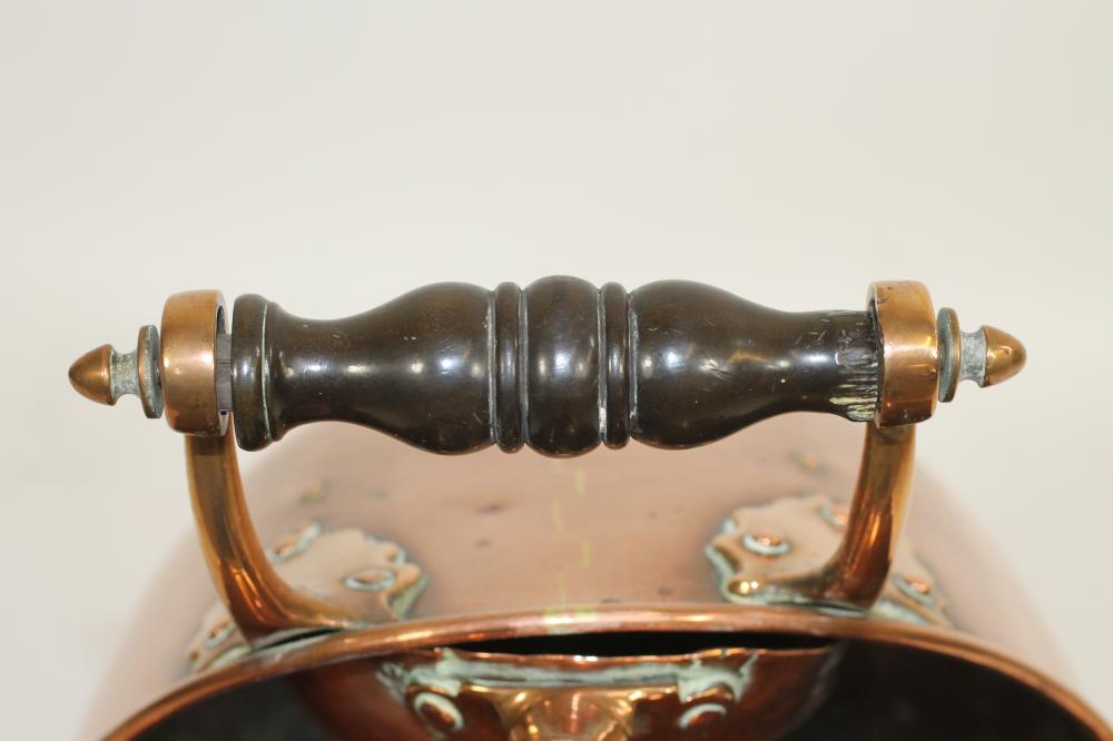 A VICTORIAN COPPER COAL SCUTTLE of helmet form, the loop handles with turned ebonised grips, on - Image 4 of 6