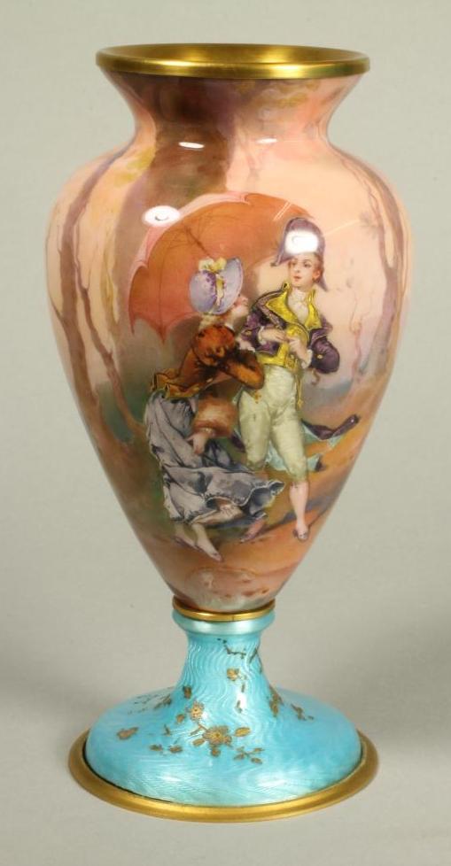 A LIMOGES ENAMEL VASE, 20th century, of ovoid form with flared rim, painted in colours and with