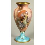 A LIMOGES ENAMEL VASE, 20th century, of ovoid form with flared rim, painted in colours and with